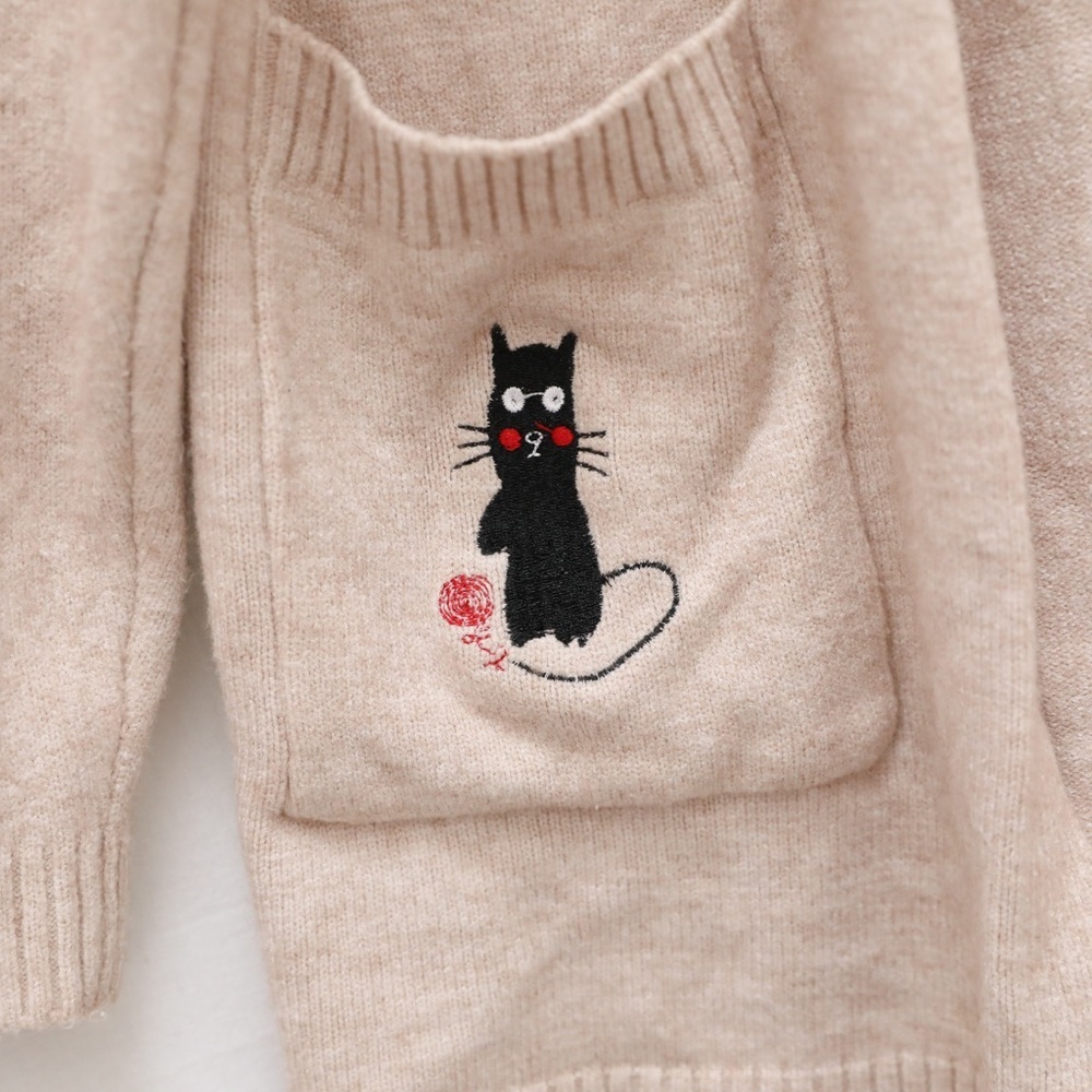 Embroidered Open Cardigan Beige Tan Knit Sweater XL cartoon characters anime - Picture 4 of 8